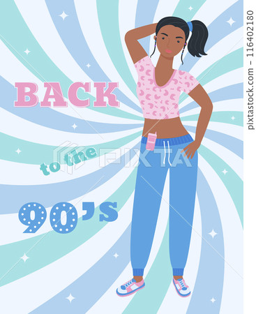A4 poster with a girl in a tracksuit with a retro-style phone. 90 characters. y2k characters. Fashion of the 90s. Vector illustration. A4 poster with a girl in a tracksuit with a retro-style phone. 90 characters. y2k characters. Fashion of the 90s. Vector illustration. 116402180