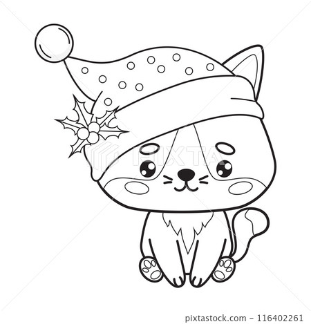Cute Christmas cat in Santa hat. Festive New Year outline cartoon kawaii animal. Line drawing, coloring book. Vector illustration. Kids collection. 116402261