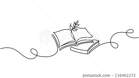 Opened book with branch of leaves corner frame. Continuous one line drawing 116402272