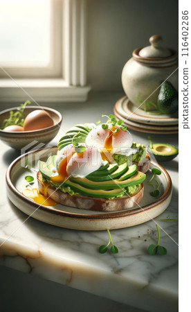 still life with the poached eggs, garnish of microgreens and avocado on sourdough bread. Generative AI still life with the poached eggs, garnish of microgreens and avocado on sourdough bread. Generative AI 116402286