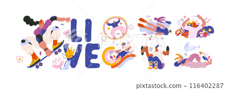 Life Unframed: Cloud catcher -modern flat vector concept illustrations set of everyday life. Metaphor of unpredictability, imagination, whimsy, cycle of existence, play, growth, discovery 116402287