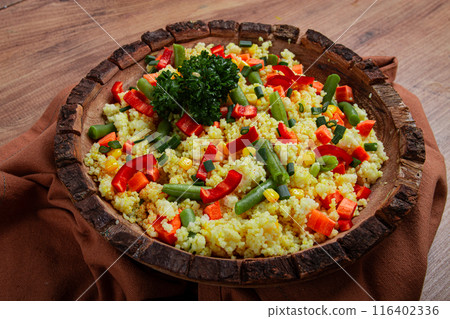 couscous with vegetables, paprika, carrots, string beans, corn, homemade, top view, no people, 116402336