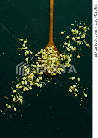 Jasmine flowers, wooden spoon, dry, herbal, tea, top view, no people, 116402368