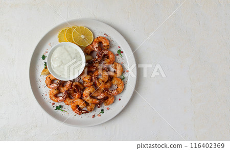 Fried shrimp, headless, with spices, grilled, homemade, no people, 116402369