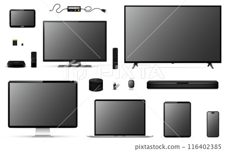 Modern realistic isolated tv screen, computer, laptop, tablet, phone and other digital devices Modern realistic isolated tv screen, computer, laptop, tablet, phone and other digital devices 116402385