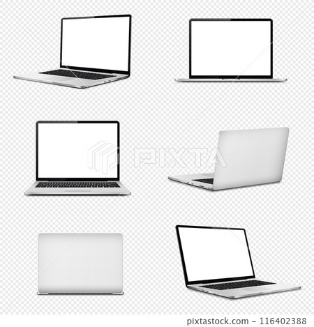 Realistic laptop mockup with blank screen isolated on transparent background. Laptop computer mockup different angles views. 116402388