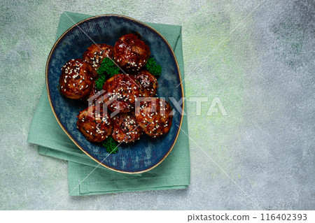 Tsukune, Japanese meatballs, minced chicken, fried on a skewer, with yakitori sauce, homemade, Tsukune, Japanese meatballs, minced chicken, fried on a skewer, with yakitori sauce, homemade, 116402393
