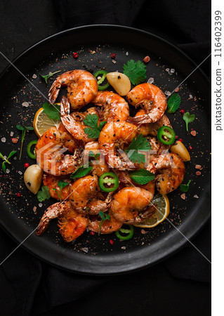 Fried shrimp, headless, with spices, grilled, homemade, no people, Fried shrimp, headless, with spices, grilled, homemade, no people, 116402399