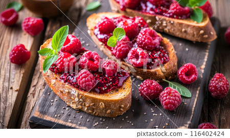 Delicious Sugar-Free Raspberry Chia Seed Jam Spread on Whole Grain Toast with Fresh Berries 116402424