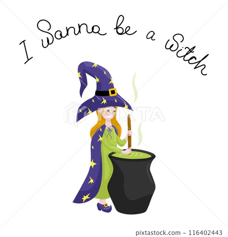 Cute little witch brewing potion in cauldron vector illustration. Witchery and sorcery concept. Happy Halloween greeting card design template Cute little witch brewing potion in cauldron vector illustration. Witchery and sorcery concept. Happy Halloween greeting card design template 116402443