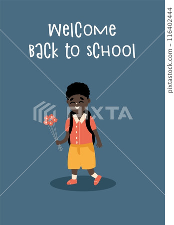 Back to school. Little Boy Carrying With Backpack Holding Bouquet Of Flowers. Template for design. Funny cartoon characters. Vector illustration. Back to school. Little Boy Carrying With Backpack Holding Bouquet Of Flowers. Template for design. Funny cartoon characters. Vector illustration. 116402444