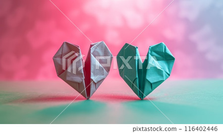 Pink and green origami heart. 3D background Pink and green origami heart. 3D background 116402446