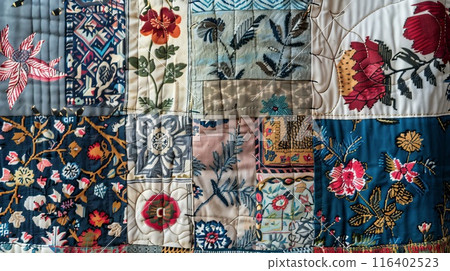 Vibrant Multicolored Patchwork Quilt with Floral and Geometric Patterns 116402523