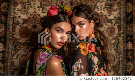 Bohemian Style Portrait of Two Women with Floral Outfits and Braided Hairstyles 116402542