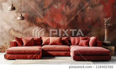 A cozy Modern Rustic Living Room with red sofa and abstract decor, creating a comfortable and elegant space 116402560