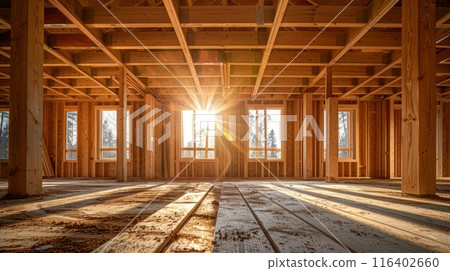Interior of a house under construction with wooden beams 116402660