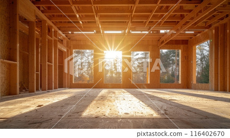 Interior of a house under construction with wooden beams 116402670