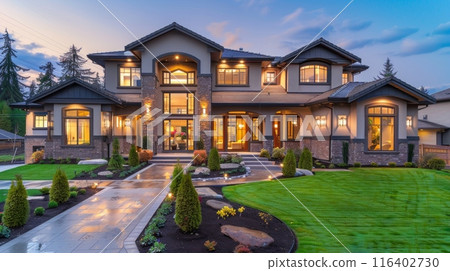 Luxurious modern home with elegant exterior and lush landscaping, ideal for sophisticated living in picturesque setting 116402730