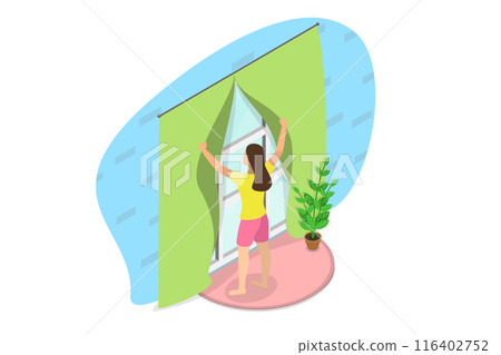 3D Isometric Flat  Illustration of Morning View, Woman Opening her Room Windows 116402752