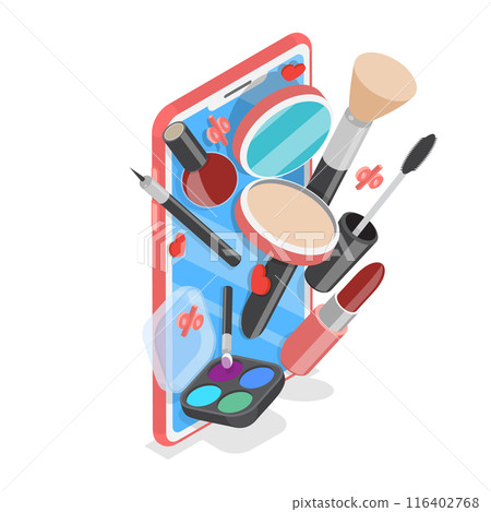 3D Isometric Flat Illustration of Cosmetic Online Store, Buying Beauty Products with Mobile App 3D Isometric Flat Illustration of Cosmetic Online Store, Buying Beauty Products with Mobile App 116402768