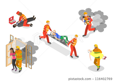3D Isometric Flat  Set of Rescue Services, First Aid Sssistance for Drowning and Fire Victims 116402769