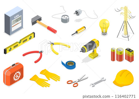 3D Isometric Flat  Set of Professional Electrician Tools, Electric Appliances 116402771