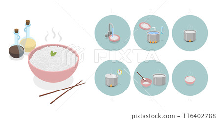 3D Isometric Flat Illustration of Cooking Rice Instructions, Food Preparation 3D Isometric Flat Illustration of Cooking Rice Instructions, Food Preparation 116402788