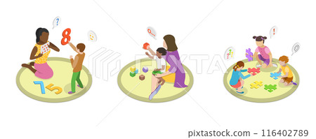3D Isometric Flat  Illustration of Autism Treatment, Delayed Language Skills, Developmental Disorder 116402789