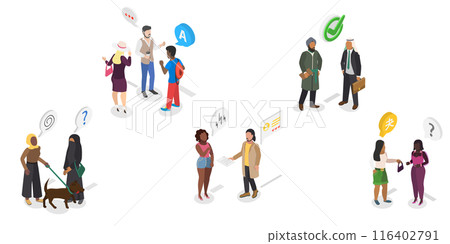 3D Isometric Flat  Illustration of Language Knowledge Skills And Racial Respect , Multiethnic Student Community 116402791