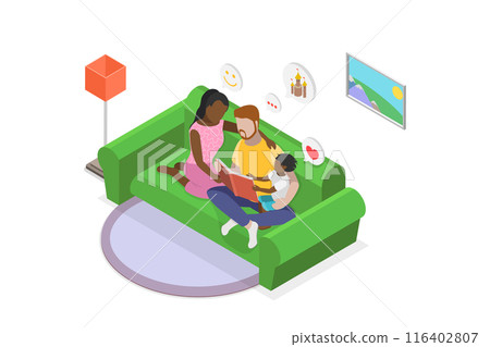 3D Isometric Flat  Illustration of Family Reading Story, Positive Emotions and Good Mood 116402807
