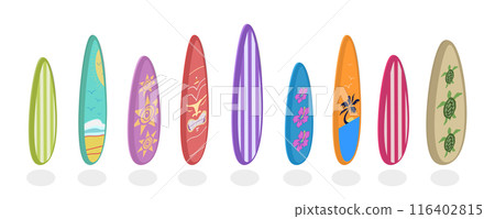 3D Isometric Flat  Set of Surfboards, Extreme Activity Equipment 116402815