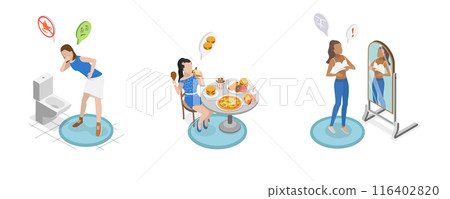 3D Isometric Flat  Illustration of Teenages Eating Disorders, Abnormal Dating Behaviors that Negatively Affect Physical or Mental Health 116402820