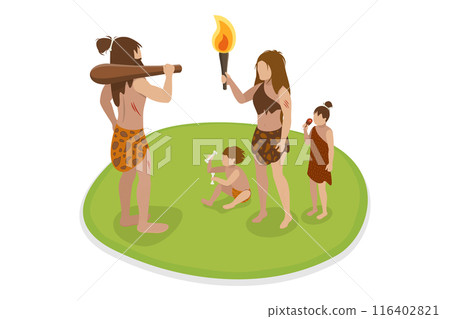 3D Isometric Flat Illustration of Caveman Family, Primitive People in Stone Age 3D Isometric Flat Illustration of Caveman Family, Primitive People in Stone Age 116402821