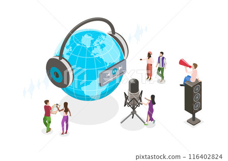 3D Isometric Flat  Illustration of Podcast Broadcast, Sound Recording, Global Telecommunication 116402824