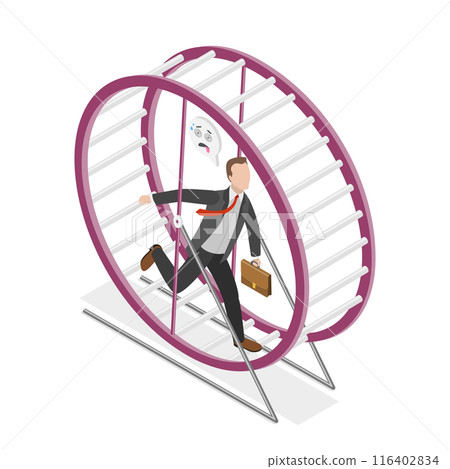 3D Isometric Flat  Illustration of Businessman Running In A Hamster Wheel, Endless Work, Rat Race 116402834