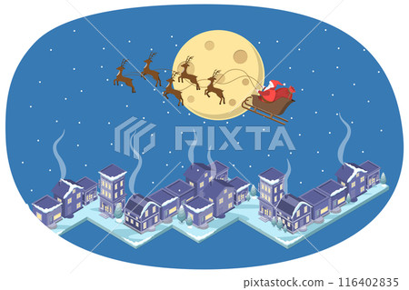 3D Isometric Flat  Illustration of Xmas Holiday, Santa Claus Coming to City on Winter Night 116402835