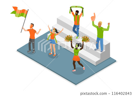 3D Isometric Flat Illustration of Cheerful Soccer Fans, Sport Game Supporters 3D Isometric Flat Illustration of Cheerful Soccer Fans, Sport Game Supporters 116402843
