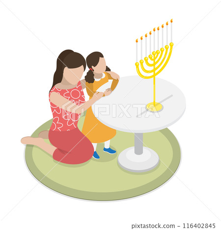 3D Isometric Flat  Illustration of Hanukkah Traditions, Jewish Holiday 116402845