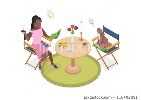 3D Isometric Flat Illustration of Happy Solo Life, Woman Having a Dinner 3D Isometric Flat Illustration of Happy Solo Life, Woman Having a Dinner 116402851