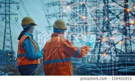 Engineers oversee power grid at twilight via digital connections for efficiency, safety, and reliability 116402852