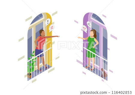 3D Isometric Flat  Illustration of Furious Female Neighbors, Conflict Between Residents of a Building 116402853