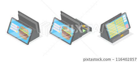 3D Isometric Flat  Illustration of Fast Food Checkout Terminal, Cash Register Computer 116402857