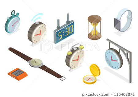3D Isometric Flat  Set of Clocks, Vintage, Classic and Contemporary 116402872