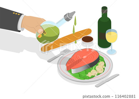 3D Isometric Flat  Illustration of Dish Dressing , Grilled Sea Food with Vegetables 116402881