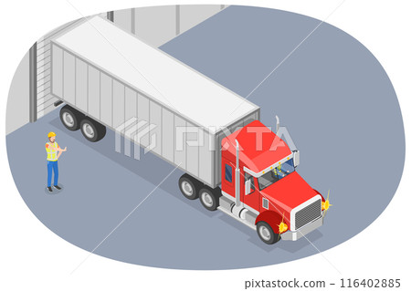 3D Isometric Flat  Illustration of Heavy Vehicle Driving, Semi-trailer Moving Backward 116402885