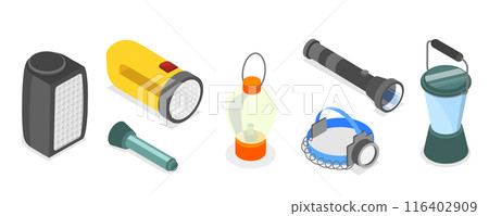 3D Isometric Flat Set of Flashlights, Portable, Hand-held, Pocket and Head electric 3D Isometric Flat Set of Flashlights, Portable, Hand-held, Pocket and Head electric 116402909