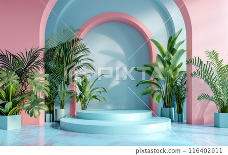 Arch frame with palm tree and podium in trendy minimal design. Architecture interior background. 3d render Arch frame with palm tree and podium in trendy minimal design. Architecture interior background. 3d render 116402911