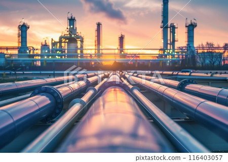 modern oil pipeline with building background, oil storage high tech. 116403057