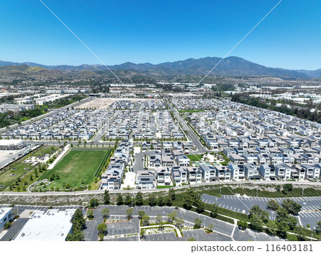 Aerial view of identical condominium houses in Lake Forest, California 116403181