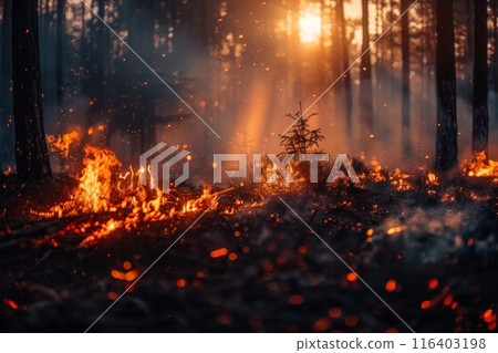Forest Fire Raging Through Woodland at Sunset 116403198